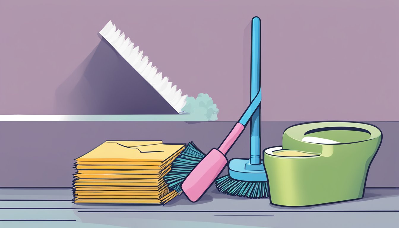 A toilet floor brush next to a stack of Frequently Asked Questions pamphlets