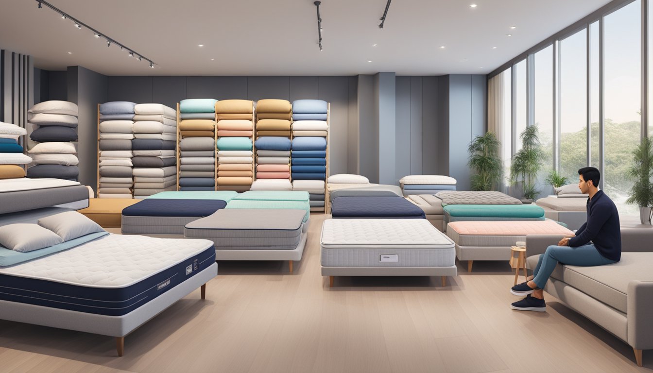A person comparing various mattress types in a showroom, surrounded by popular brands in Singapore