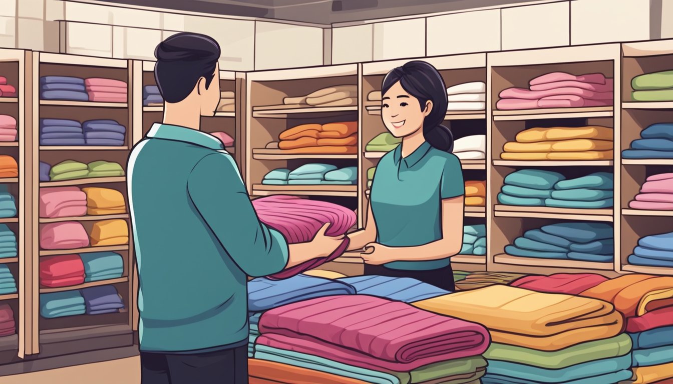 A cozy blanket shop in Singapore, with shelves filled with colorful and soft blankets. A friendly salesperson assists a customer in choosing the perfect blanket