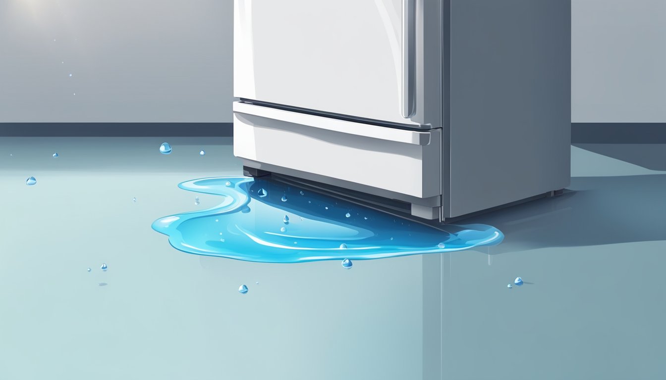 Water drips from a fridge, forming a small puddle on the floor