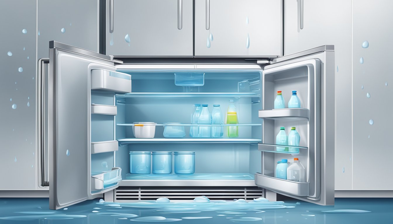 Water drips from the bottom of the fridge. A puddle forms on the floor. A clear tube hangs loose from the back of the fridge