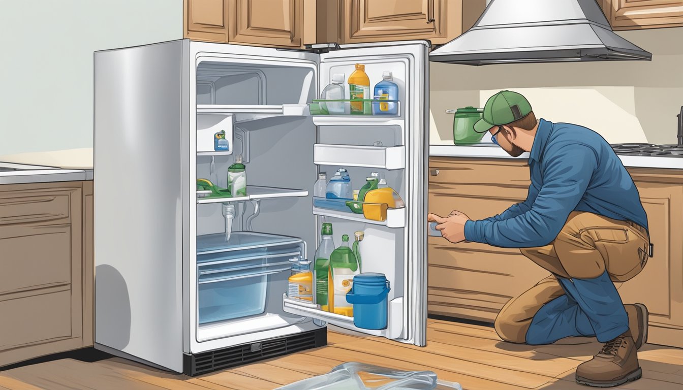 A person using a wrench to tighten a leaky pipe on the back of a fridge, while placing a waterproof mat underneath to prevent future water damage