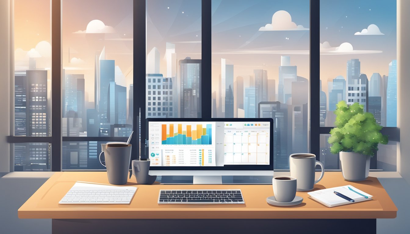 A desk with a computer, calendar, and social media analytics charts. A smartphone with notifications. A coffee mug and notepad. A cityscape view