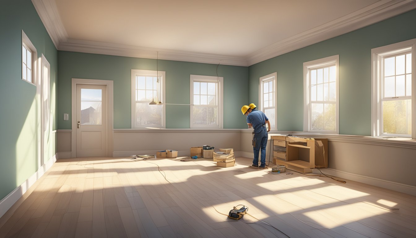 A room with bare walls and exposed wiring, workers installing new flooring and cabinets, sunlight streaming in through windows