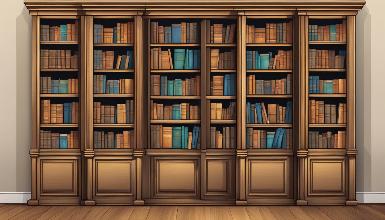 A bookcase with doors stands against a wall, neatly organized with books and decorative items. The doors are closed, adding a sense of mystery to the scene