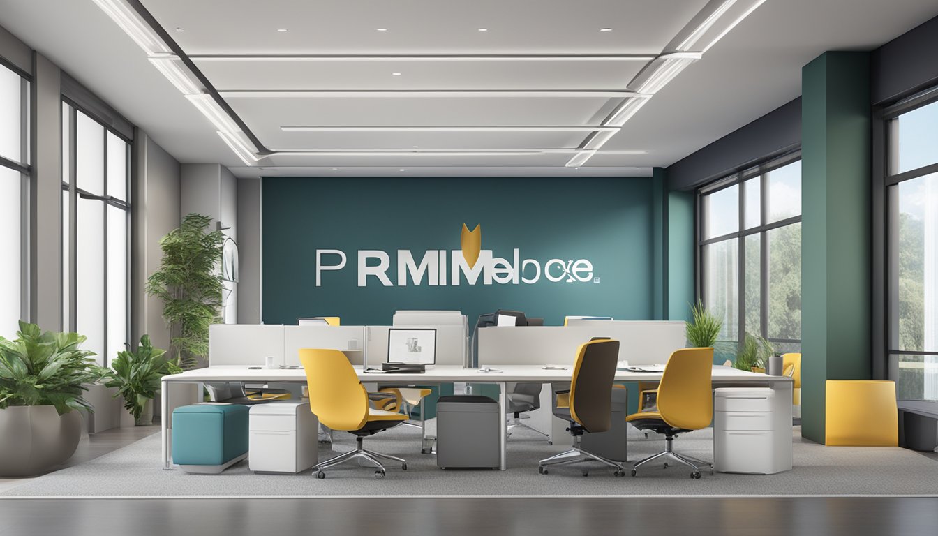 A modern office space with sleek furniture and a professional atmosphere, featuring the company logo prominently displayed on the wall