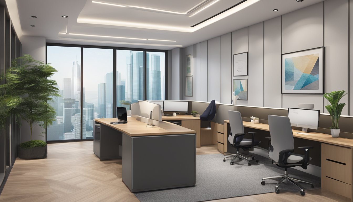 A modern office space with sleek furniture and branding of "Our Services interconsultants pte ltd" prominently displayed on the walls