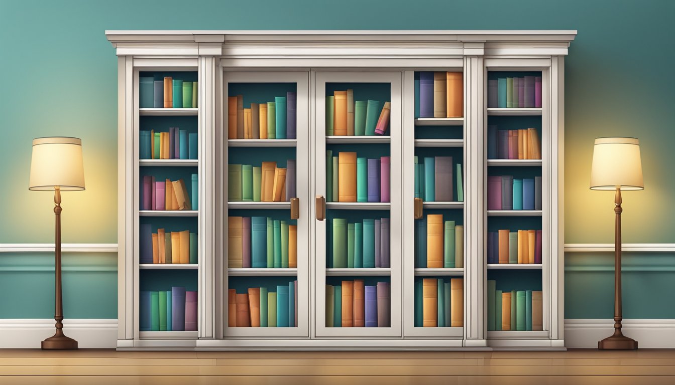 A bookcase with closed doors labeled "Frequently Asked Questions" stands against a plain wall, with neatly arranged books and a few decorative items on the shelves