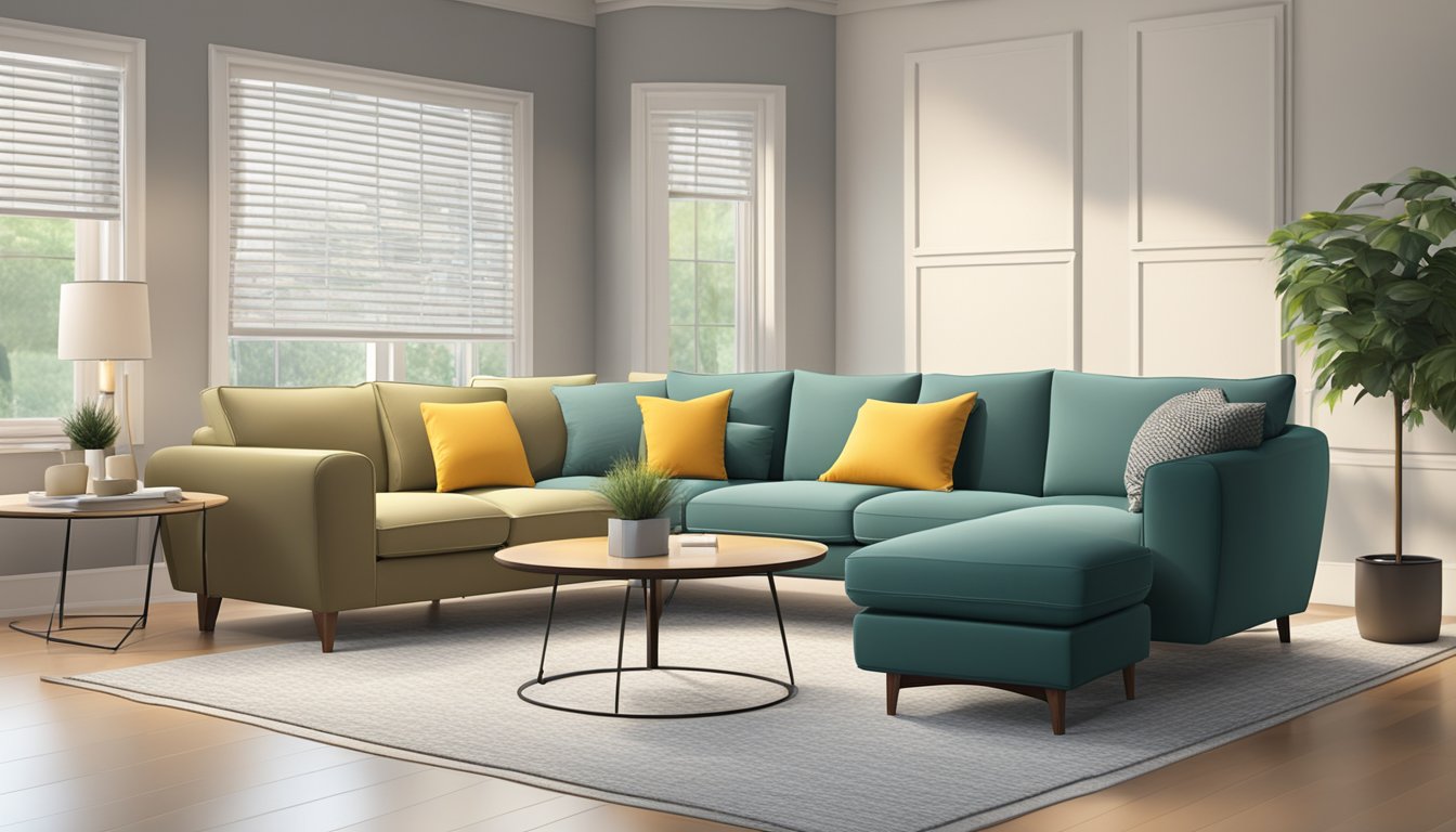 A seamless fabric sofa sits in a well-lit showroom, surrounded by other furniture. The sofa is clean and inviting, with smooth lines and a comfortable appearance