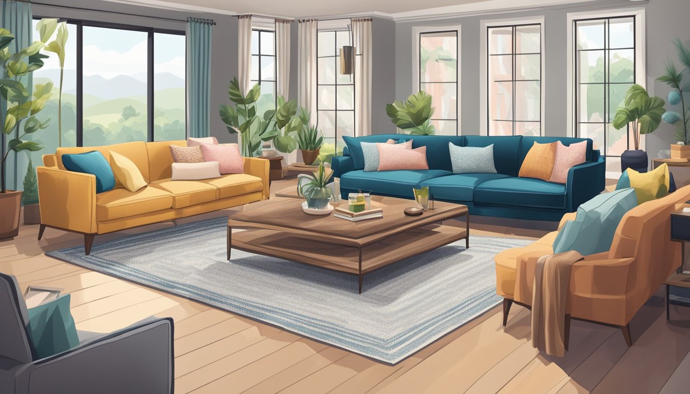 A cozy living room with a variety of fabric sofas on sale, displayed in a well-lit showroom with colorful fabric swatches and price tags