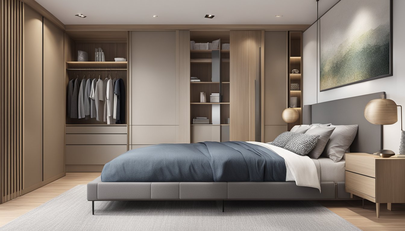 A sleek, modern corner wardrobe in a Singaporean bedroom, with sliding doors and ample storage space