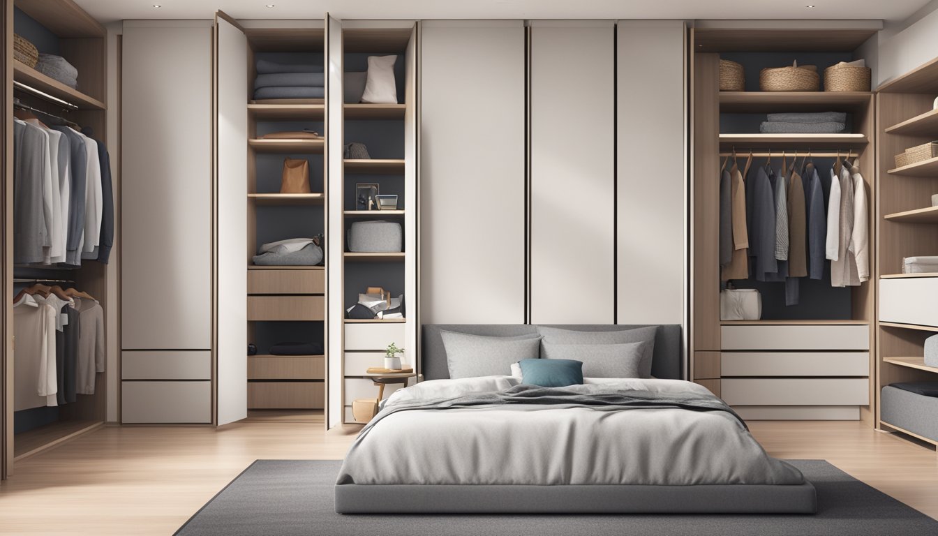 A person opens a sleek, modern corner wardrobe in a Singapore bedroom, revealing organized shelves and drawers