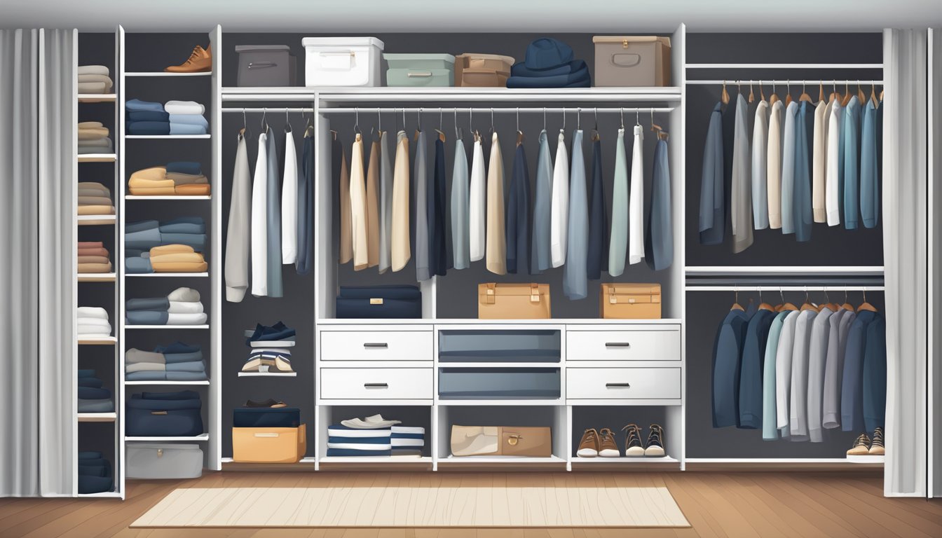A neatly organized wardrobe with various compartments and hanging space, filled with neatly folded clothes and shoes neatly arranged on shelves
