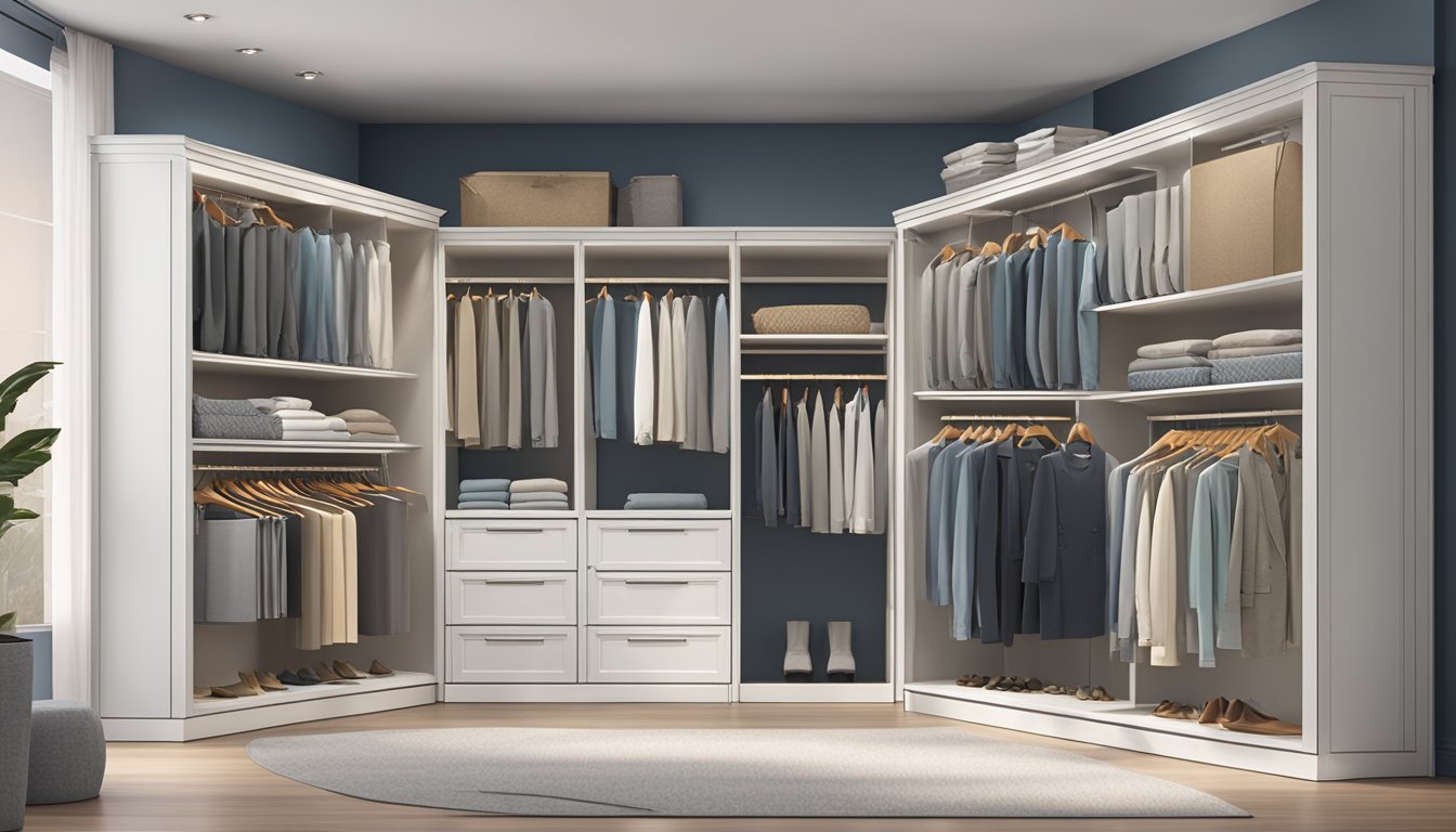 A variety of affordable wardrobes displayed in a spacious, well-lit showroom with different styles, sizes, and colors to choose from