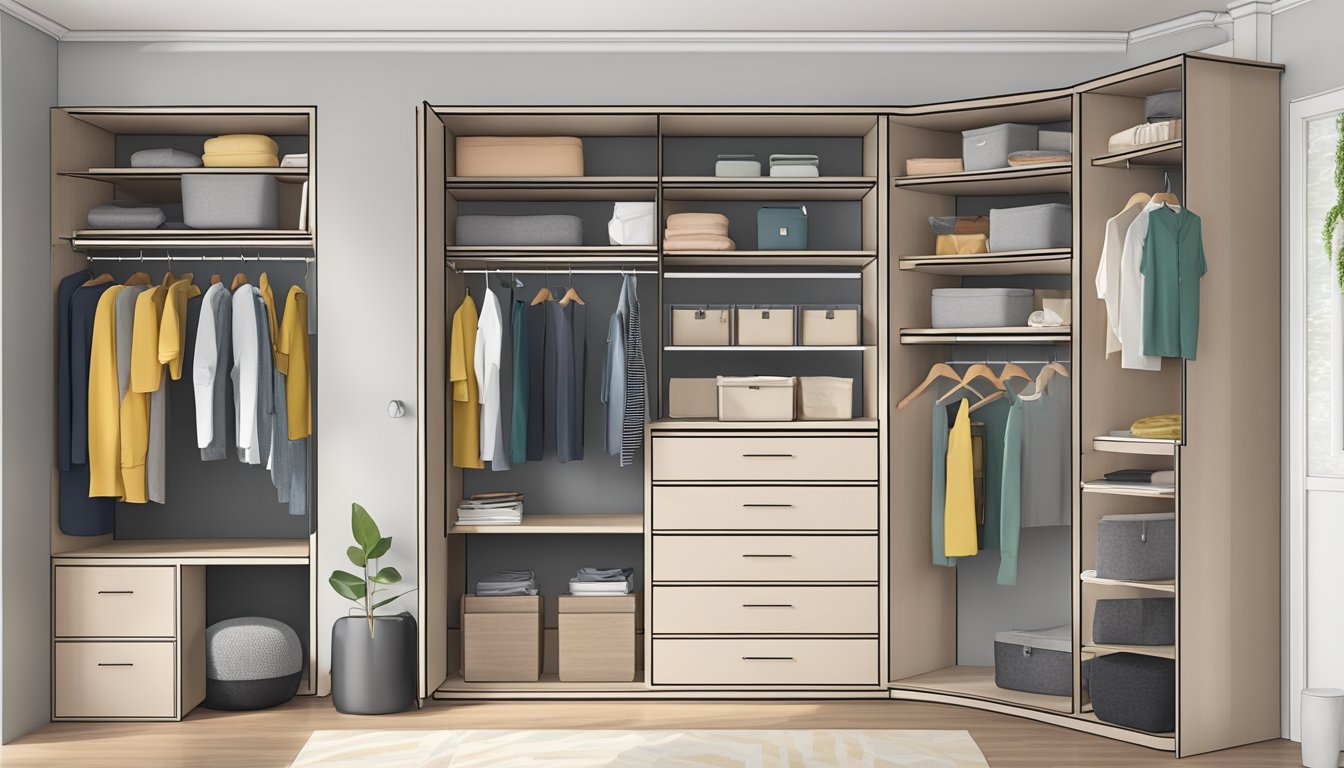 A sleek, modern corner wardrobe in a Singaporean home, neatly organized with shelves and drawers, labeled "Frequently Asked Questions" in bold lettering