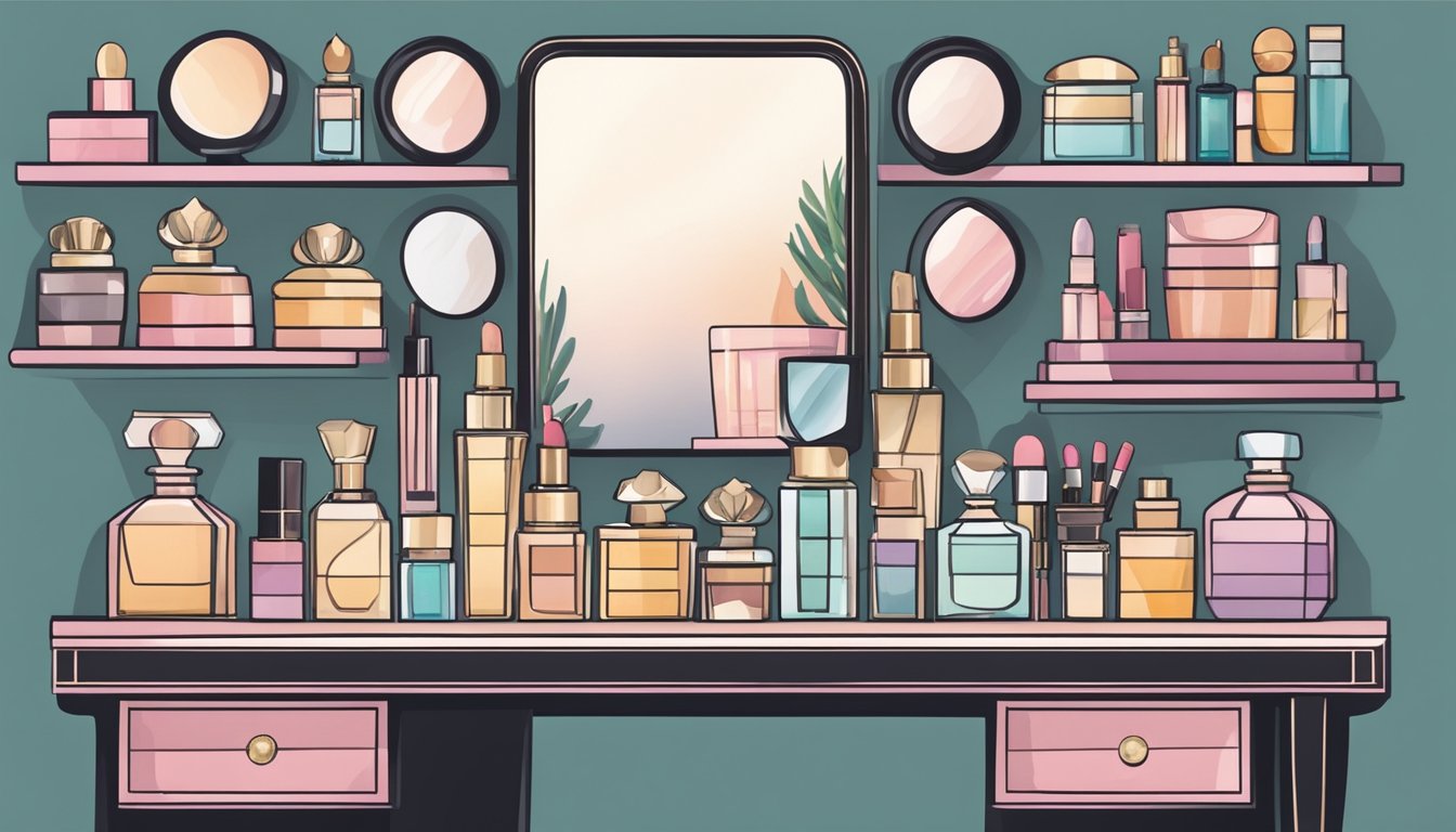 A dresser with neatly arranged sets of perfume bottles, jewelry boxes, and makeup palettes on top, with a mirror reflecting the organized display