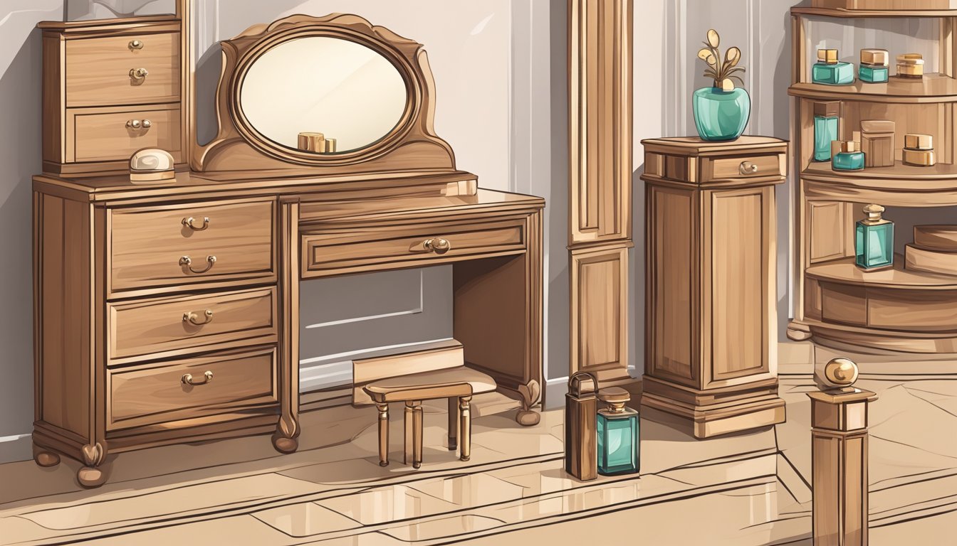 A wooden dresser set with a mirror, hairbrush, and comb on top. The set also includes a matching jewelry box and perfume bottle