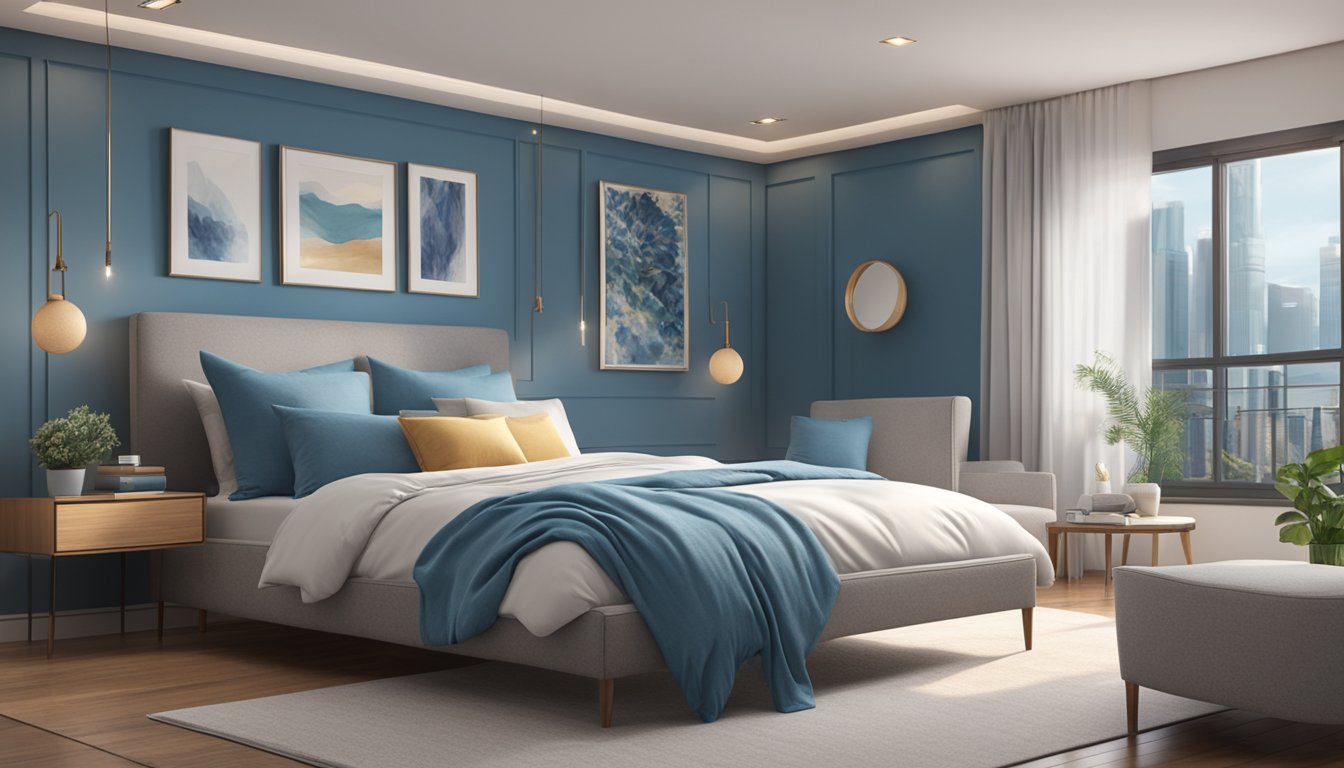 A cozy bedroom with a neatly made bed, adorned with a soft and fluffy duvet in a serene shade of Singapore blue