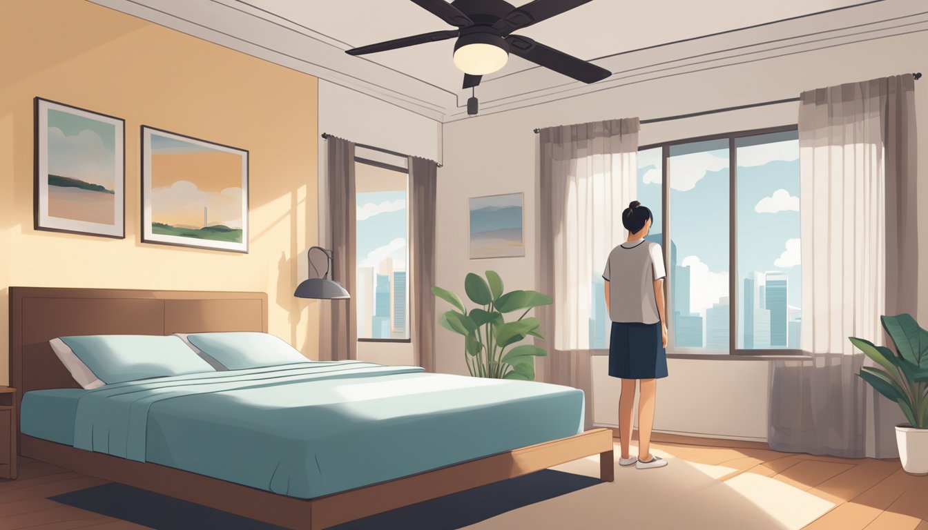 A person standing in a bedroom, holding a lightweight duvet, with a ceiling fan and open window in the background, depicting Singapore's warm climate