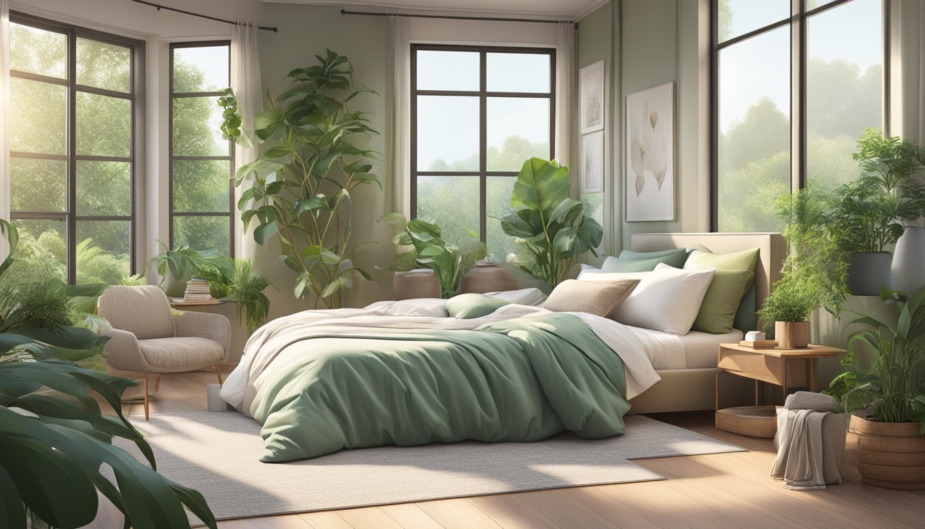 A cozy bedroom with eco-friendly duvets and pillows, surrounded by lush green plants and natural light