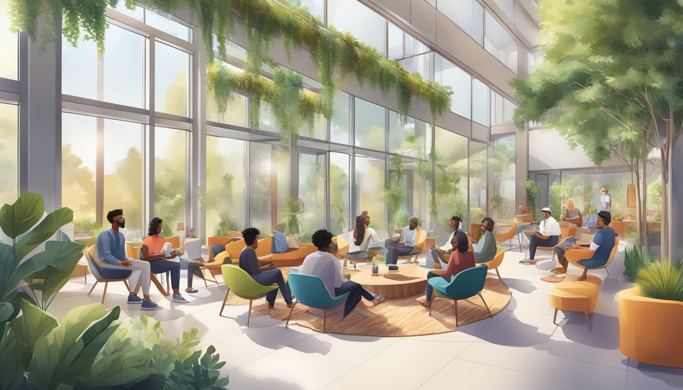 A diverse group of people gather in a vibrant, open space with flexible seating options, surrounded by modern amenities and greenery