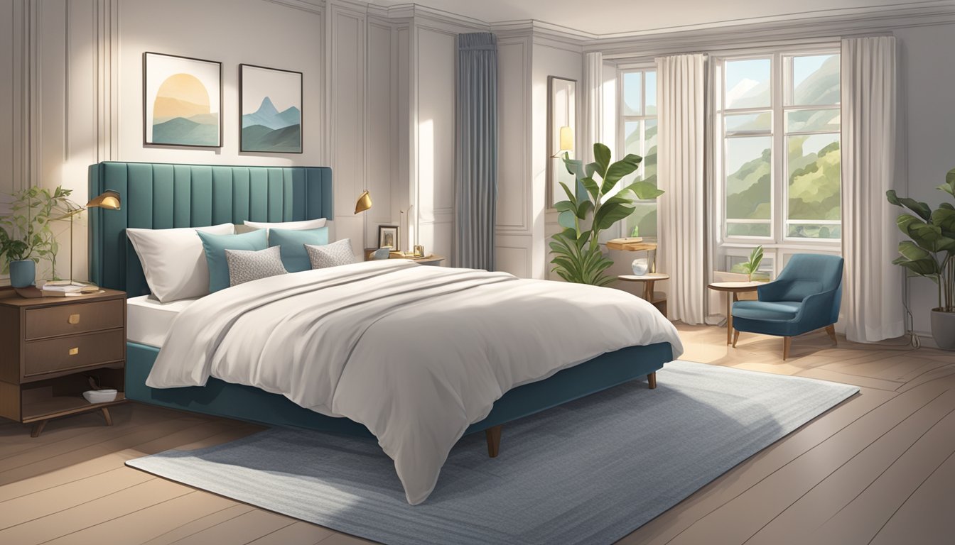 A cozy bedroom with a neatly made bed, adorned with a stylish duvet featuring the words "Frequently Asked Questions duvet singapore" in elegant typography