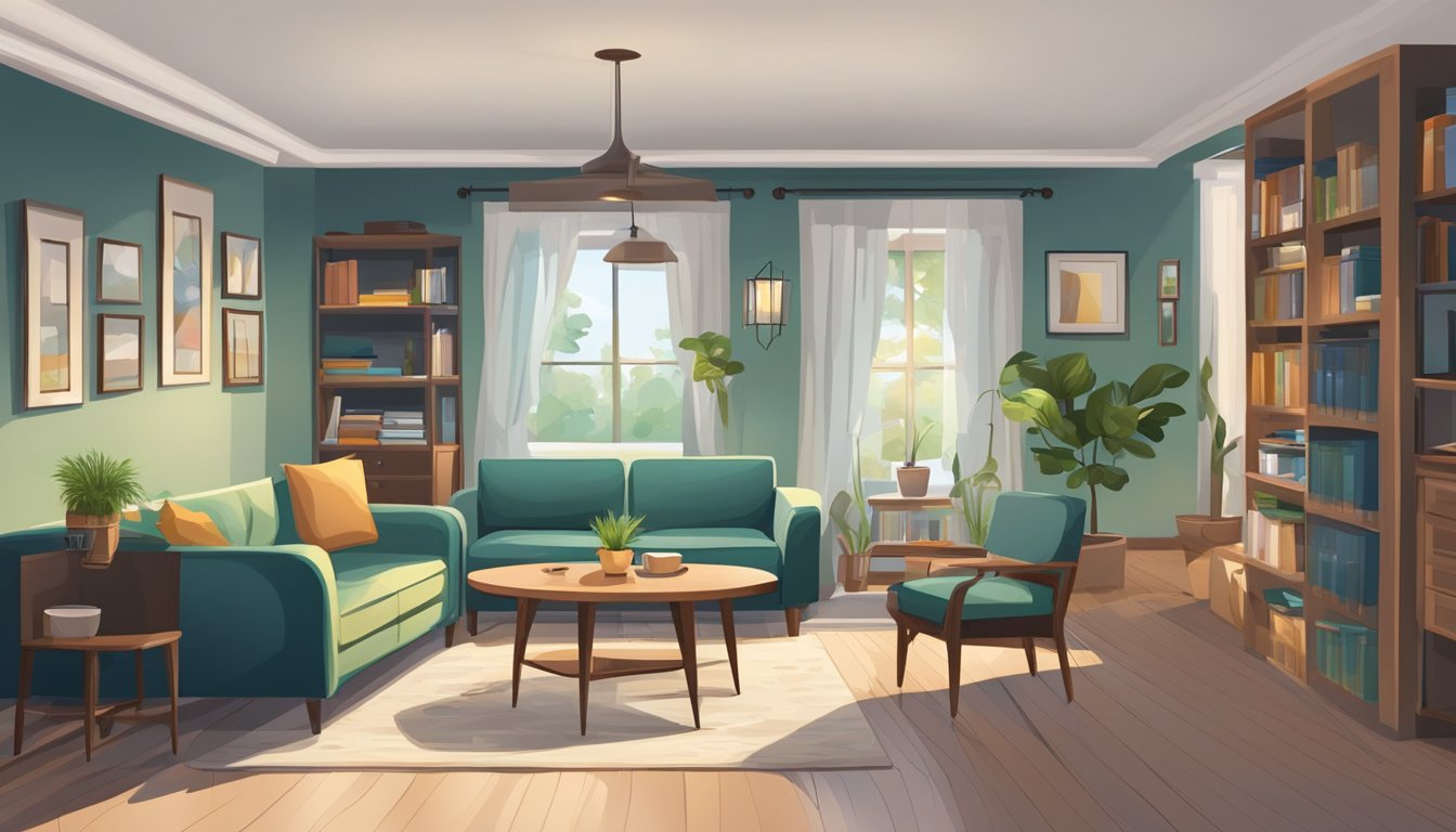 A living room with a sofa, coffee table, and bookshelf. A dining area with a table and chairs. A bedroom with a bed, nightstand, and dresser
