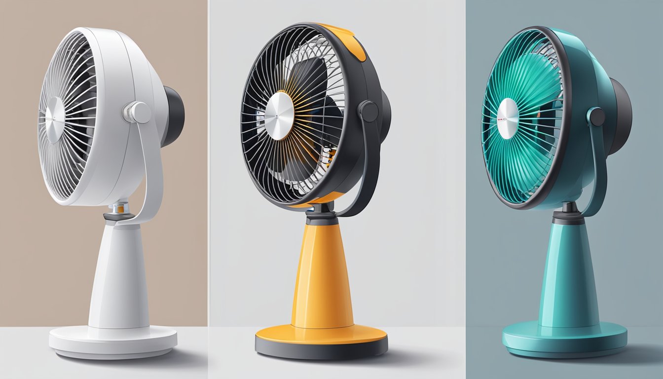 A 3-blade standing fan stands next to a 5-blade standing fan. They are both turned on, spinning and circulating the air in the room