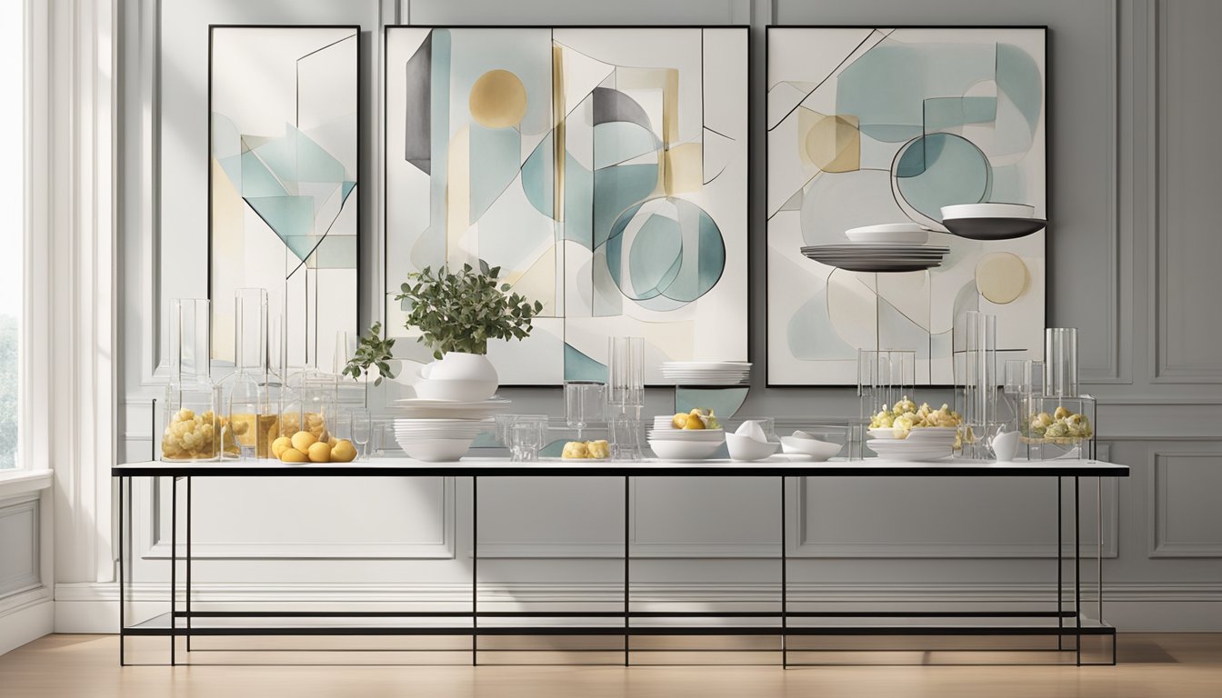 A sleek, minimalist buffet table adorned with geometric serving platters and glassware. A backdrop of contemporary artwork and soft ambient lighting completes the modern aesthetic