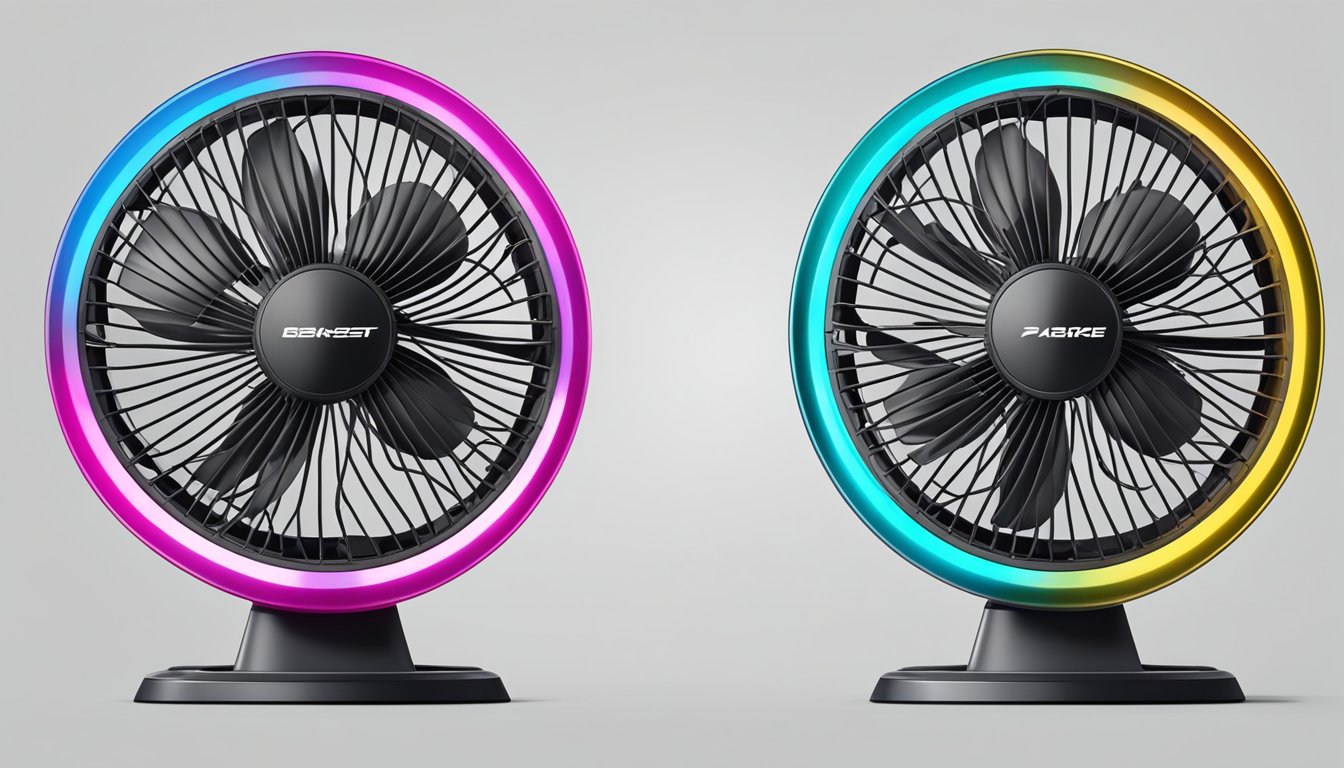 A 3-blade and 5-blade standing fan side by side, rotating at the highest speed, with the air flow visibly different in intensity and direction