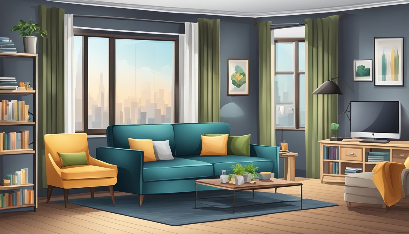 A living room with a sofa, coffee table, and bookshelf. A dining area with a table and chairs. A bedroom with a bed, dresser, and nightstand