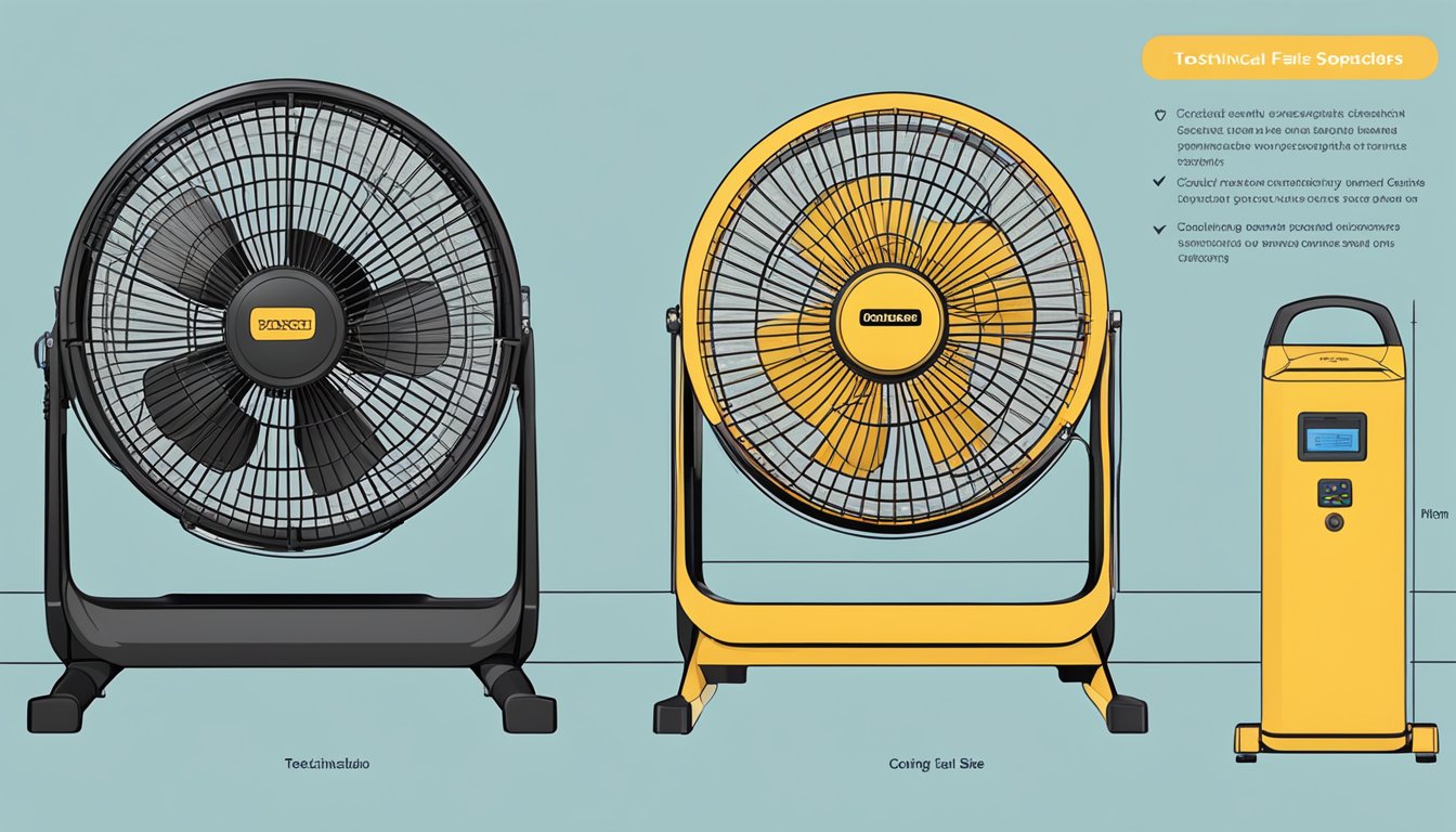 A 3-blade and 5-blade standing fan side by side, with labels indicating technical specifications and homeowner considerations