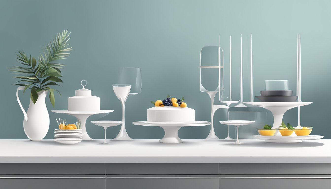 A sleek, minimalist buffet table with clean lines and a glossy finish. It is adorned with geometric-shaped serving platters and modern, metallic utensils