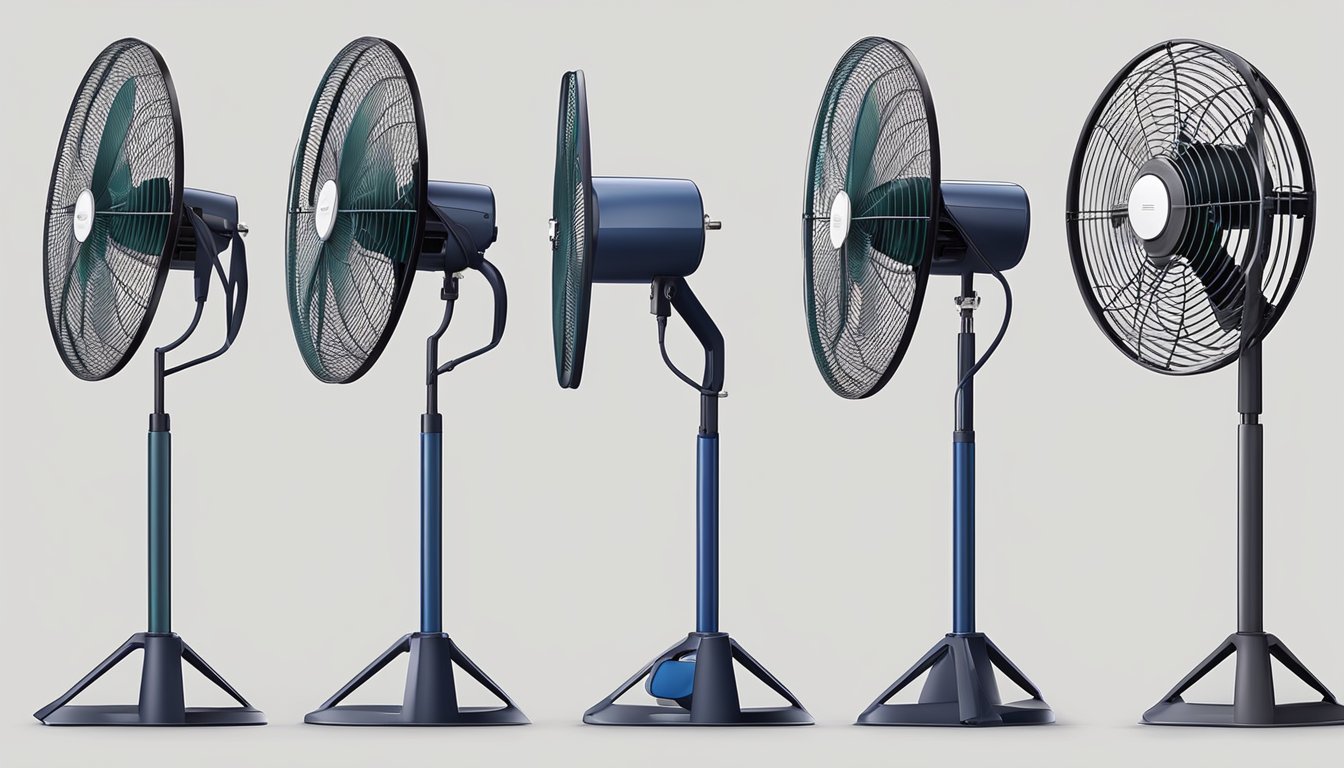 A 3-blade and 5-blade standing fan stand side by side, with the 3-blade fan slightly smaller in size. Both fans are turned on, with the blades spinning at a moderate speed