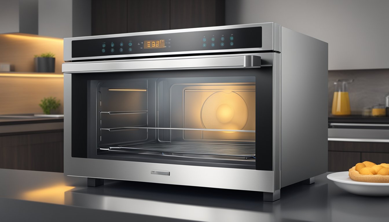 A stainless steel convection oven with digital controls and a glass door, emitting a warm glow from its interior