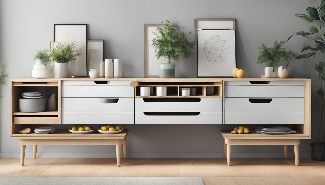 A sleek, minimalist buffet table with multiple storage compartments and integrated functionality for serving and organizing items