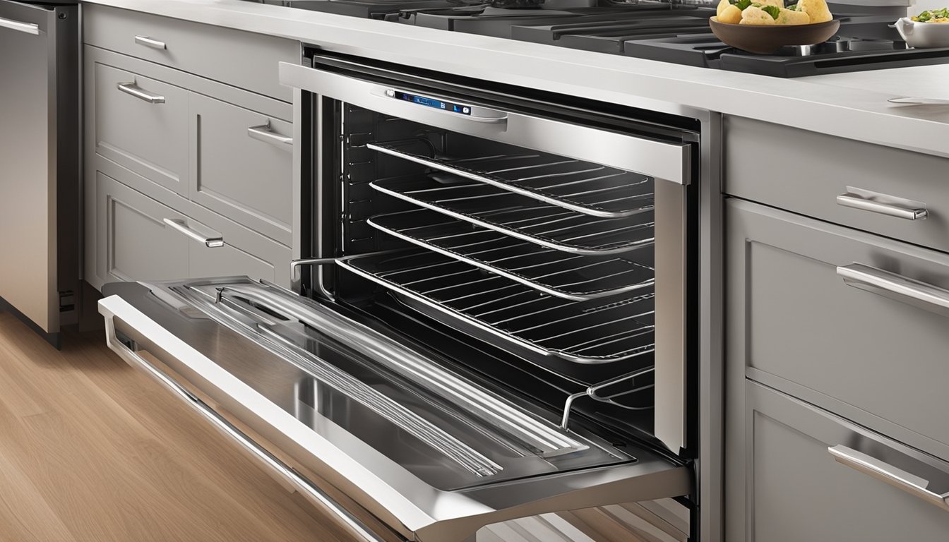 A stainless steel convection oven emits even heat, reducing cooking time and producing consistent results. Its spacious interior and adjustable racks accommodate various dishes