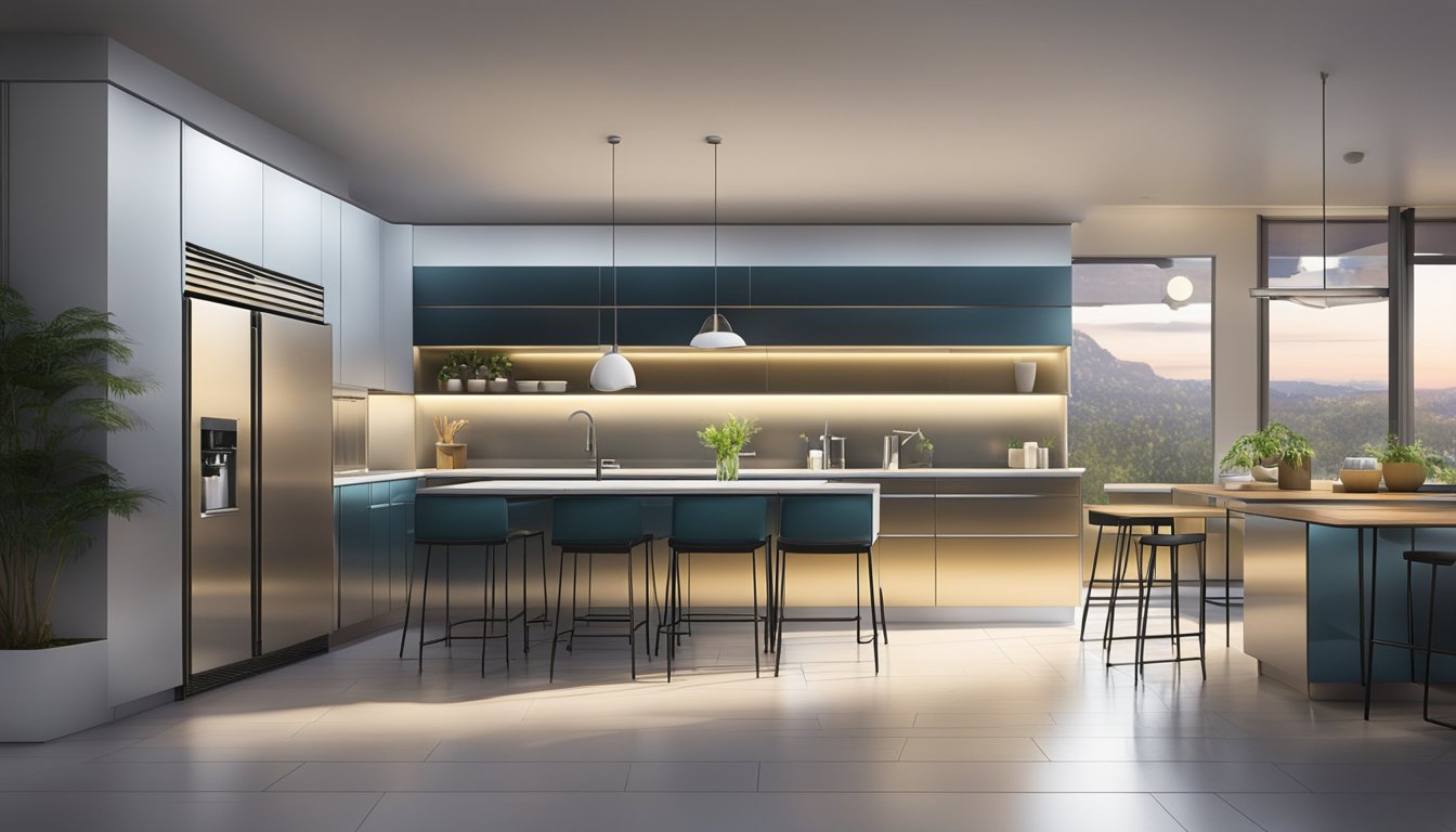 Sleek, metallic kitchen cabinets gleam under bright lighting, reflecting the modern design aesthetic