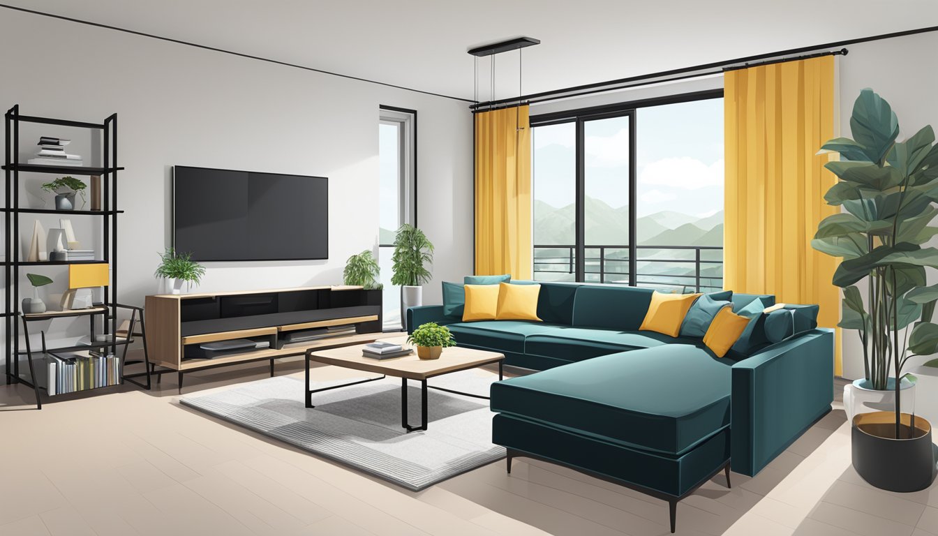 A modern living room with sleek, minimalist furniture in various categories, such as chairs, tables, and sofas, showcasing clean lines and contemporary design