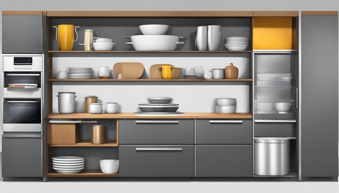 A close-up of various modern kitchen cabinet materials, such as sleek metal, smooth wood, and glossy laminate, arranged in a clean and organized display