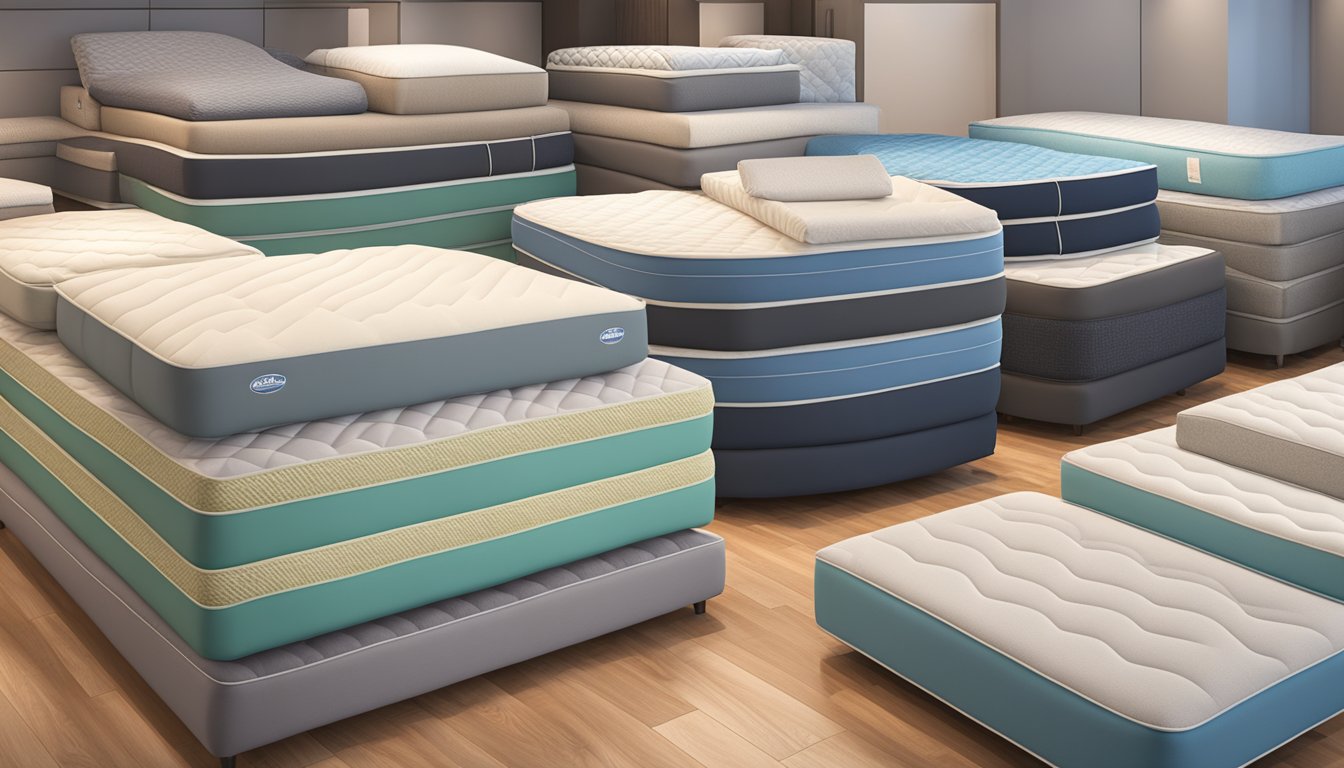 A variety of king foam mattresses displayed in a showroom, with different thicknesses, textures, and colors