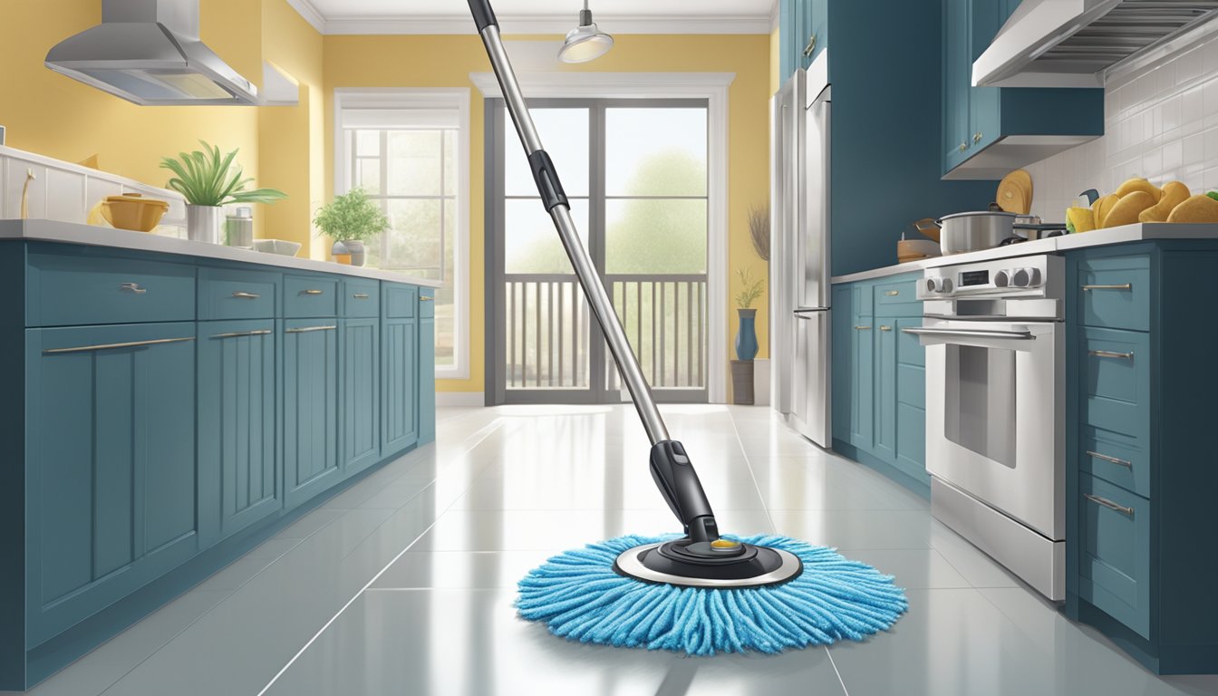 A spin mop glides across a gleaming floor in a modern Singaporean kitchen, leaving behind a trail of sparkling cleanliness