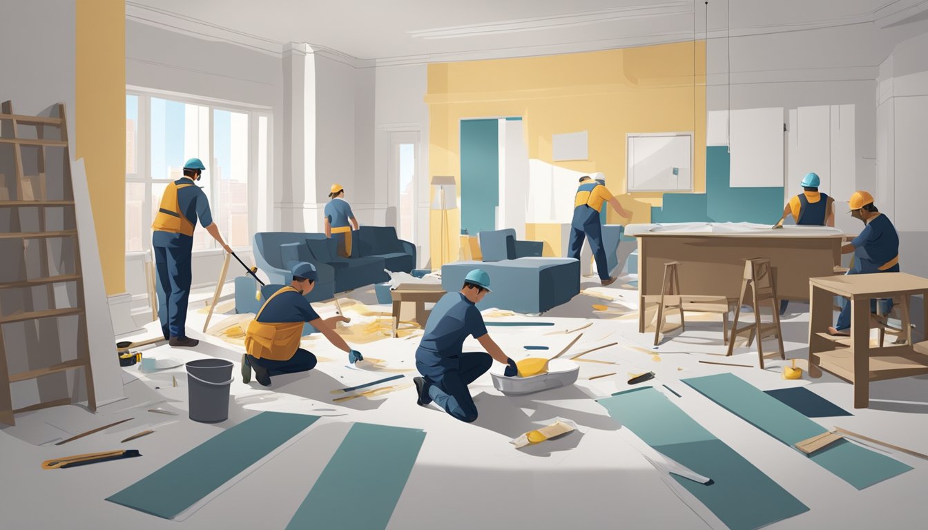 A condo being renovated with workers installing new flooring and painting walls. Furniture is covered with plastic sheets, and tools and materials are scattered around the room