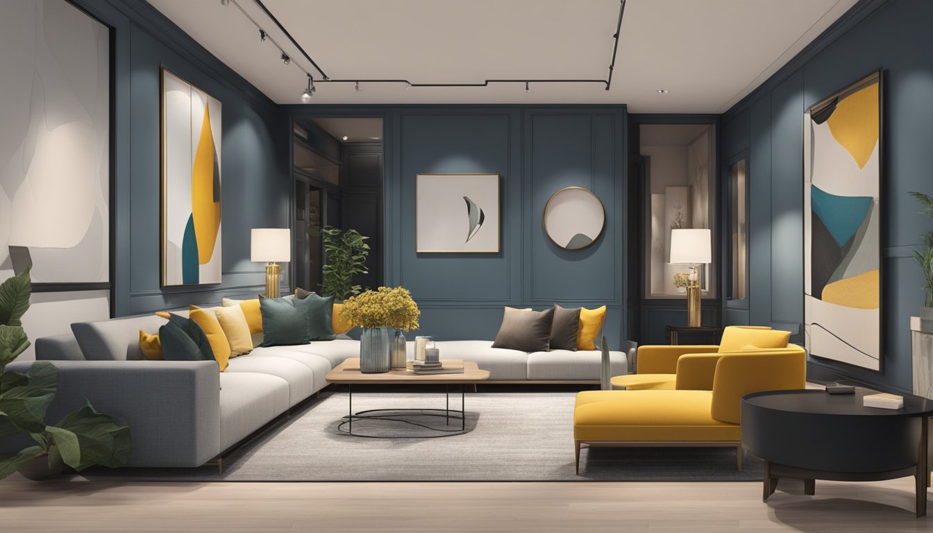 A modern, minimalist interior design display with bold colors, sleek furniture, and eye-catching artwork. The space exudes sophistication and elegance, with strategic lighting to highlight key features