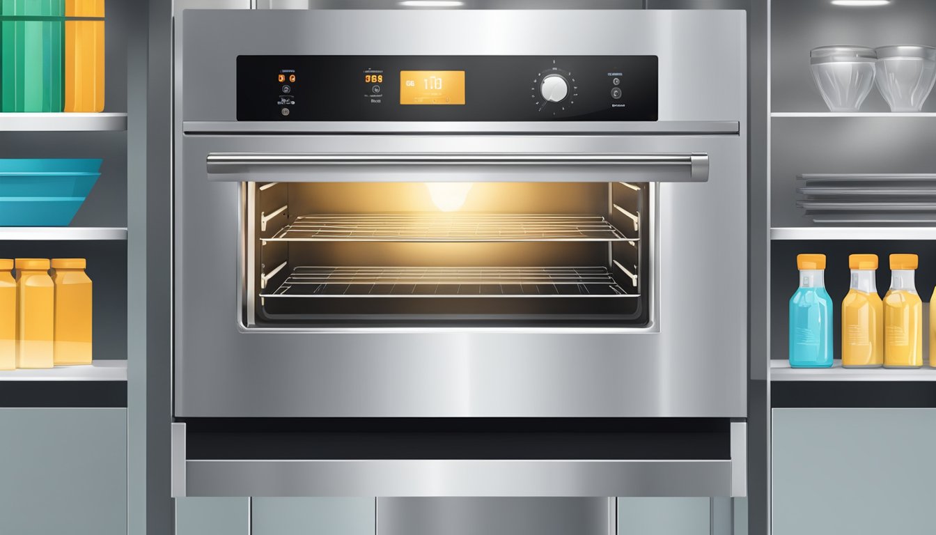 A hand reaches for a stainless steel convection oven on a store shelf. The oven is sleek and modern, with digital controls and a glass door