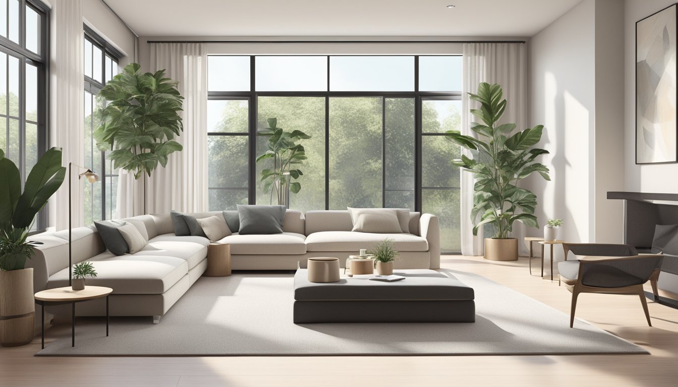 A modern, minimalist living room with sleek furniture and a neutral color palette. A large window lets in natural light, and potted plants add a touch of greenery