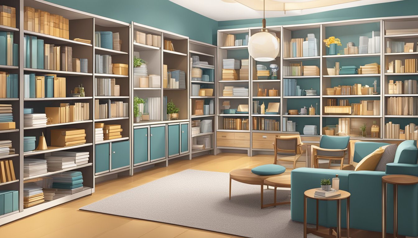Various furniture categories displayed on shelves with labels, including chairs, tables, sofas, and cabinets. Bright lighting highlights the products