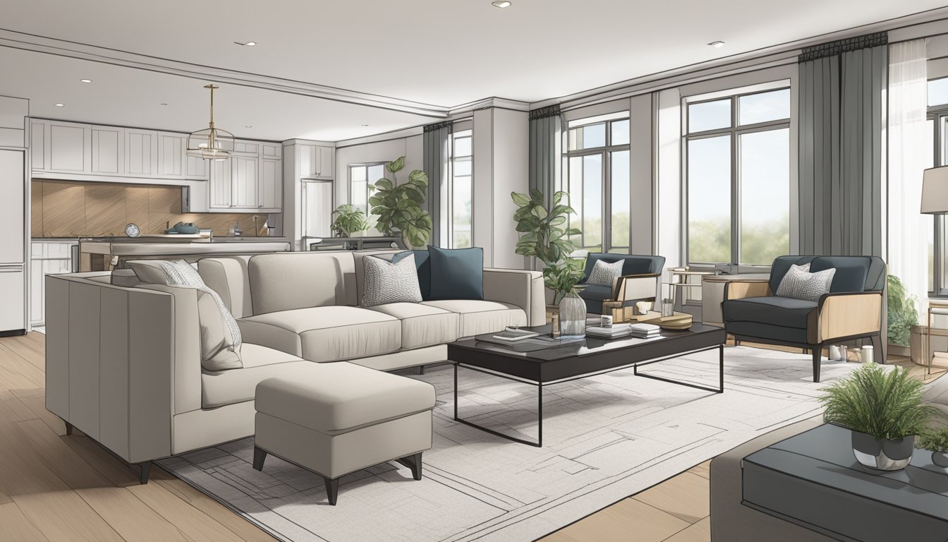 A modern, minimalist living room with sleek furniture and a neutral color palette. Blueprints and renovation plans are spread out on a table, with a laptop displaying the CIMB Renovation-i Financing website