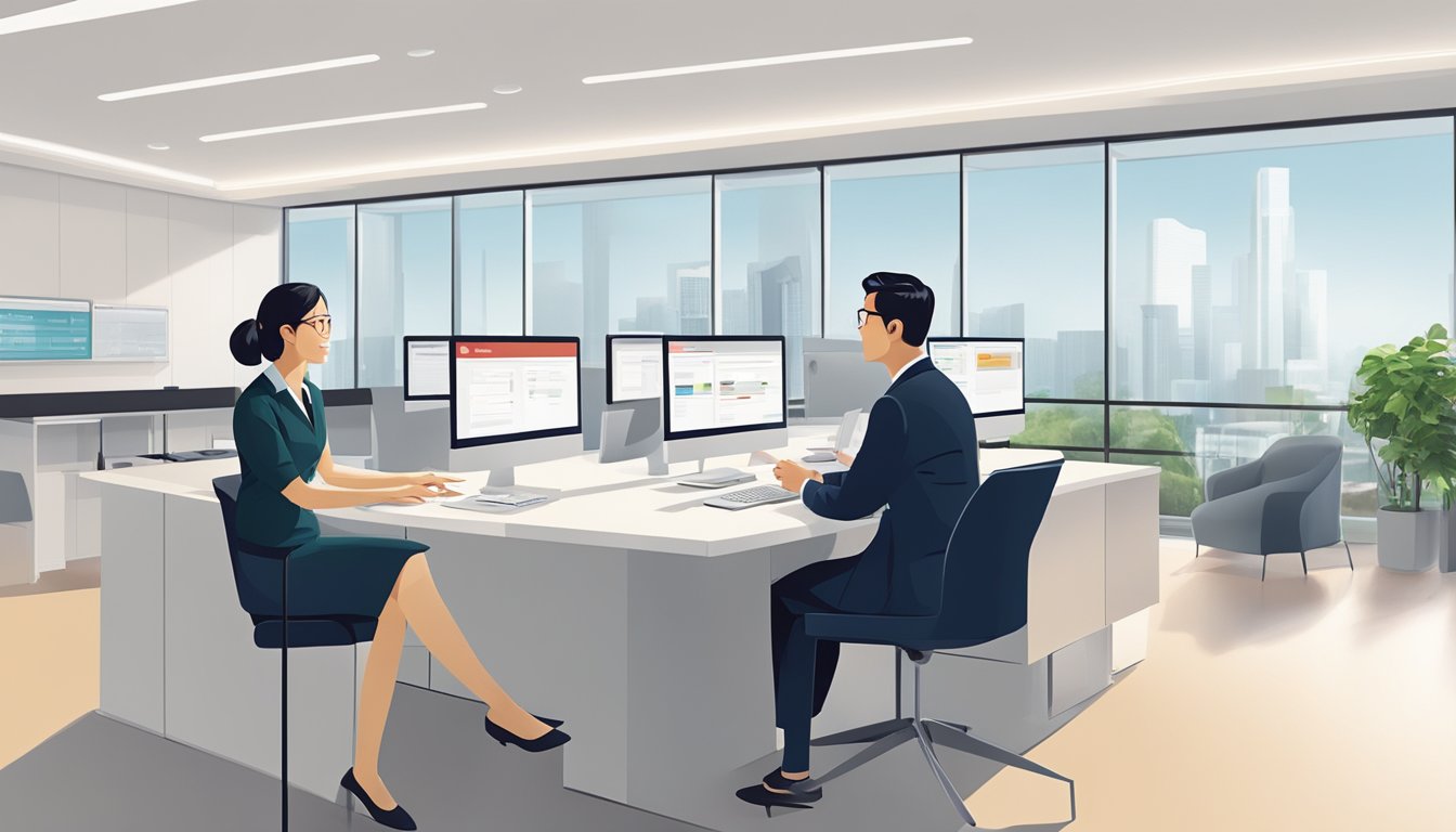 A couple discusses CIMB Renovation-i loan options at a sleek, modern bank branch in Singapore. The advisor explains the eligibility and requirements as they sit at a clean, organized desk