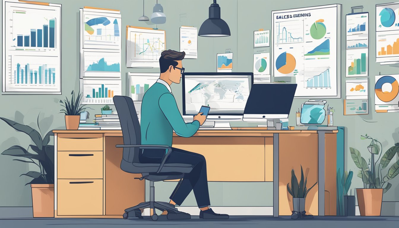 A sales representative sits at a desk with a laptop and phone, surrounded by charts and graphs. A sign on the wall reads "Factors Influencing Sales Representative Earnings."